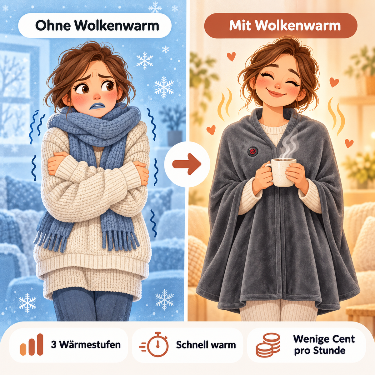 Ohne Wolkenwarm und mit Wolkenwarm – tragbare Heizdecke vorher und nachher